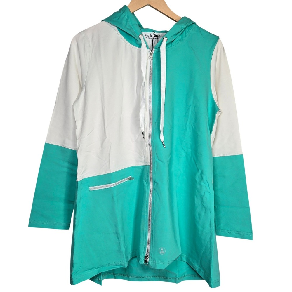 Lux Leisure Neon Buddha Artful Jacket Teal White Color Block Zip Front Hoodie S
